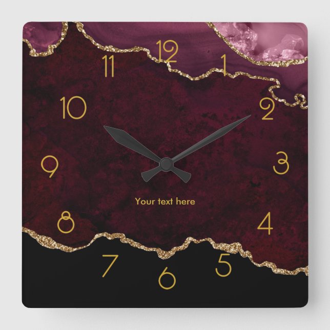 Burgundy and Gold Agate Personalised Square Wall C Square Wall Clock (Front)