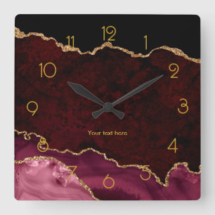 Burgundy and Gold Agate Personalised Square Wall Clock