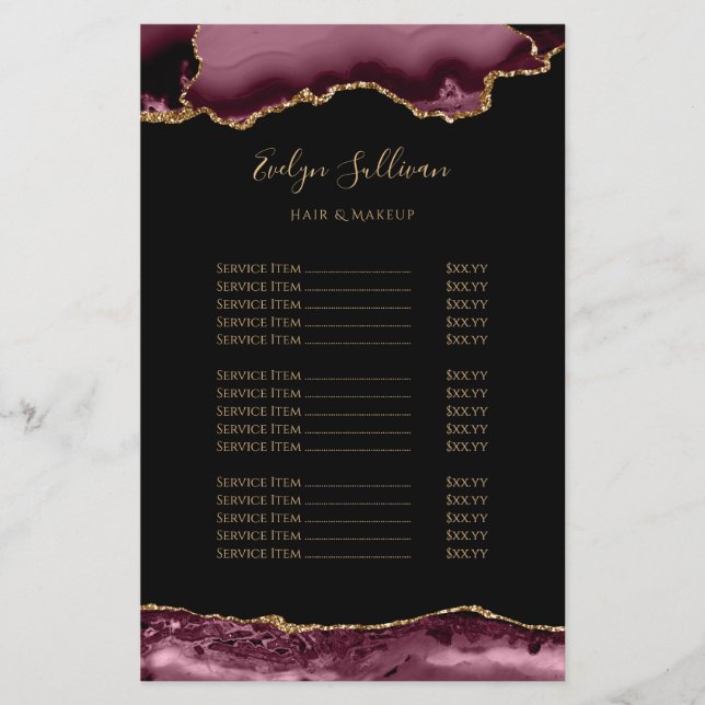 Burgundy and gold agate price list flyer (Front)