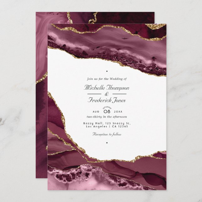 Burgundy and Gold Agate QR Code RSVP Wedding Invitation (Front/Back)