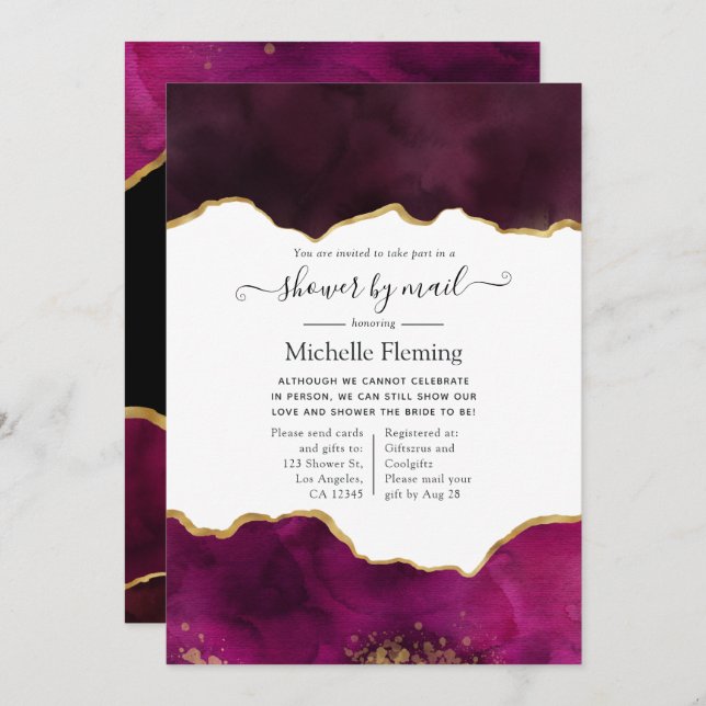 Burgundy and Gold Agate Shower by Mail Invitation (Front/Back)