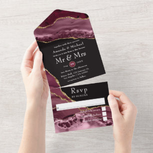 Burgundy and Gold Agate Stone Wedding All In One Invitation