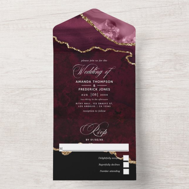 Burgundy and Gold Agate Wedding All In One Invitation (Inside)
