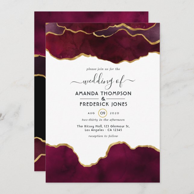 Burgundy and Gold Agate Wedding Invitation (Front/Back)