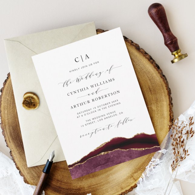 burgundy and gold agate wedding invitation (Creator Uploaded)