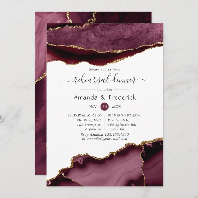 Burgundy and Gold Agate Wedding Rehearsal Dinner Invitation (Front/Back)