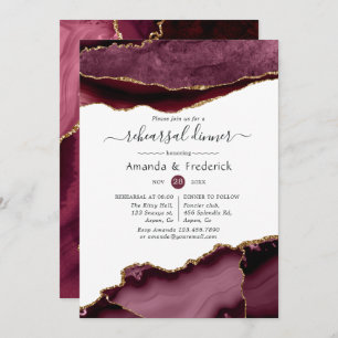 Burgundy and Gold Agate Wedding Rehearsal Dinner Invitation