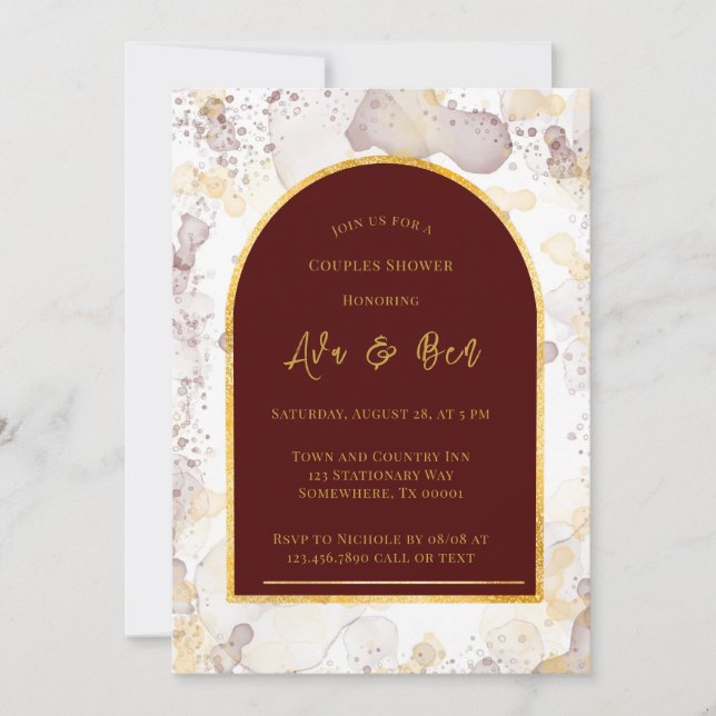 Burgundy and Gold Alcohol Ink Arch Couples Shower Invitation (Front)