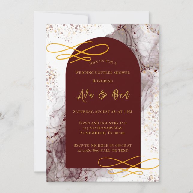 Burgundy and Gold Alcohol Ink Arch Wedding Shower Invitation (Front)