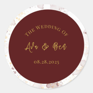 Burgundy and Gold Alcohol Ink Wedding Classic Round Sticker