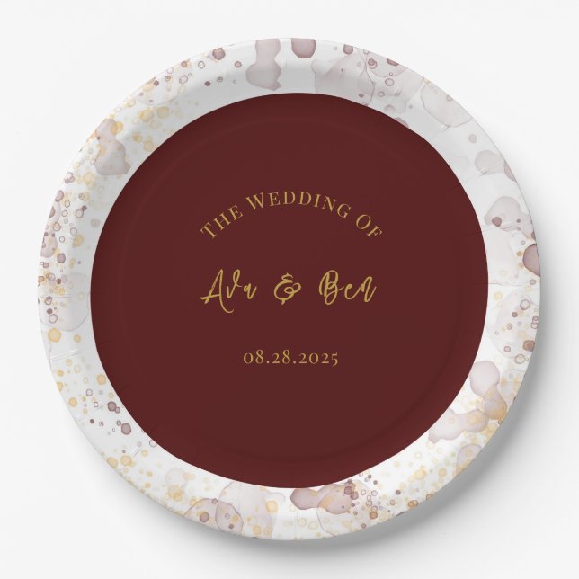 Burgundy and Gold Alcohol Ink Wedding Paper Plate (Front)