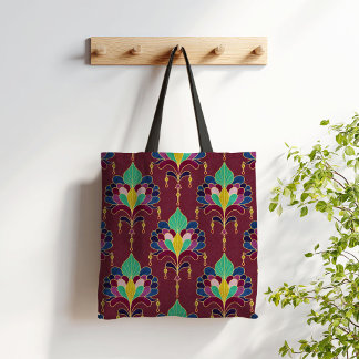 Burgundy and Gold Art Deco Floral Ornament Tote Bag