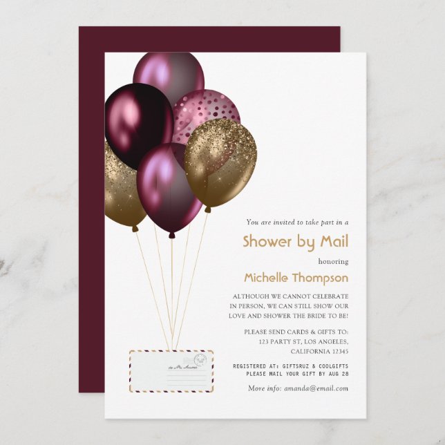 Burgundy and Gold Baby or Bridal Shower by Mail Invitation (Front/Back)
