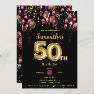 Burgundy and Gold Balloons Confetti 50th Birthday  Invitation