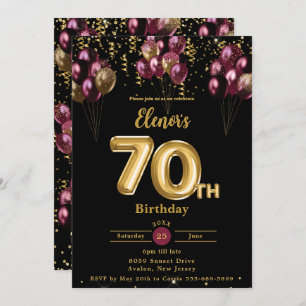 Burgundy and Gold Balloons Confetti 70th Birthday Invitation