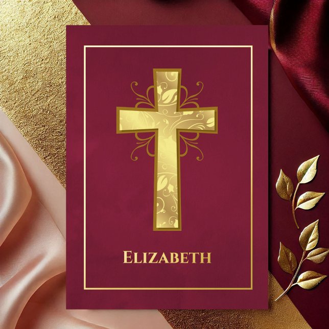 Burgundy and Gold Baptism or Christening Filigree (Burgundy and Gold Baptism or Christening Filigree Foil Invitation)
