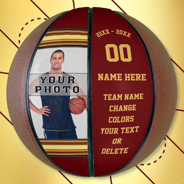 Burgundy and Gold Basketball Ball Your Photo, Text (Photo Basketball. Maroon Gold, Personalized Basketball. Senior night basketball gifts. Basketball.)