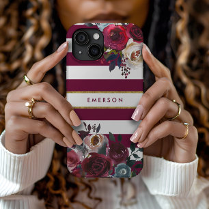 Burgundy and Gold Boho Floral Stripe Monogram iPhone 15 Case
