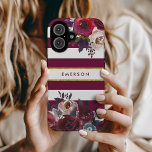 Burgundy and Gold Boho Floral Stripe Monogram iPhone 16 Case<br><div class="desc">Custom monogrammed phone cases personalised with your name or other text. This trendy boho design features a watercolor floral border in rustic fall colours on a burgundy and white striped background with faux gold foil accent. Use the design tools to choose any background colour, change text fonts and colours or...</div>