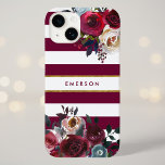 Burgundy and Gold Boho Floral Stripe Monogram Case-Mate iPhone 14 Case<br><div class="desc">Custom monogrammed phone cases personalised with your name or other text. This trendy boho design features a watercolor floral border in rustic fall colours on a burgundy and white striped background with faux gold foil accent. Use the design tools to choose any background colour, change text fonts and colours or...</div>