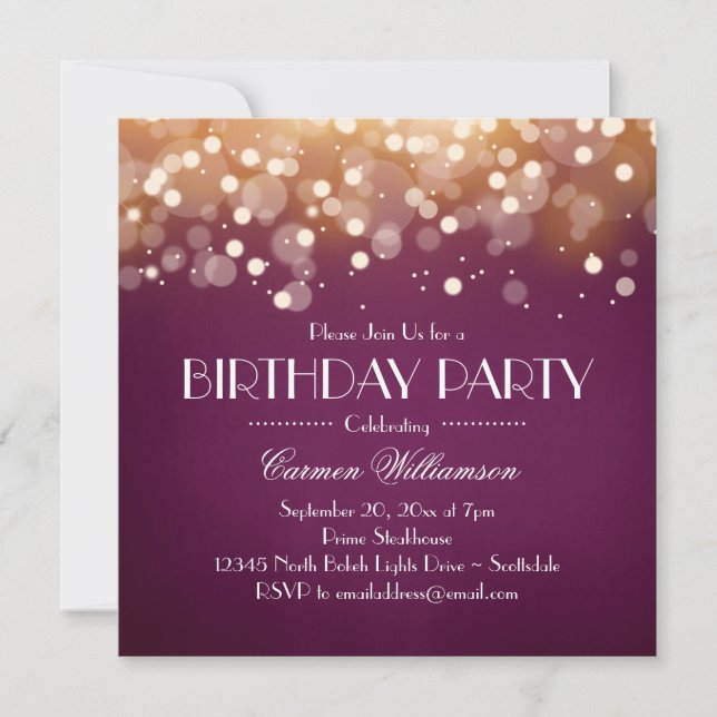 Burgundy and Gold Bokeh Lights Birthday Invitation (Front)