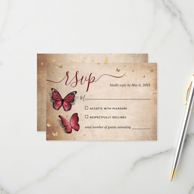 Burgundy and Gold Butterfly Elegant Wedding RSVP Card (Front/Back In Situ)
