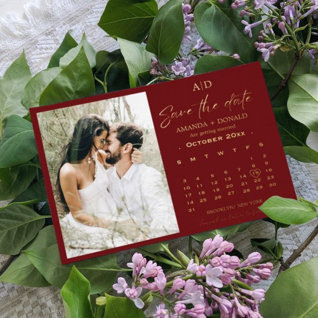 Burgundy and Gold Calendar Wedding Save the date (Creator Uploaded)