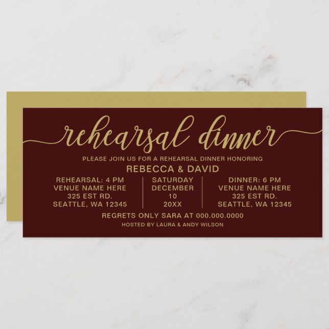 burgundy and gold Calligraphy Rehearsal Dinner Invitation (Front/Back)