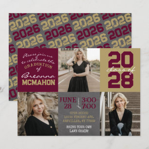 Burgundy and Gold Chalkboard 3 Photo Graduation Invitation