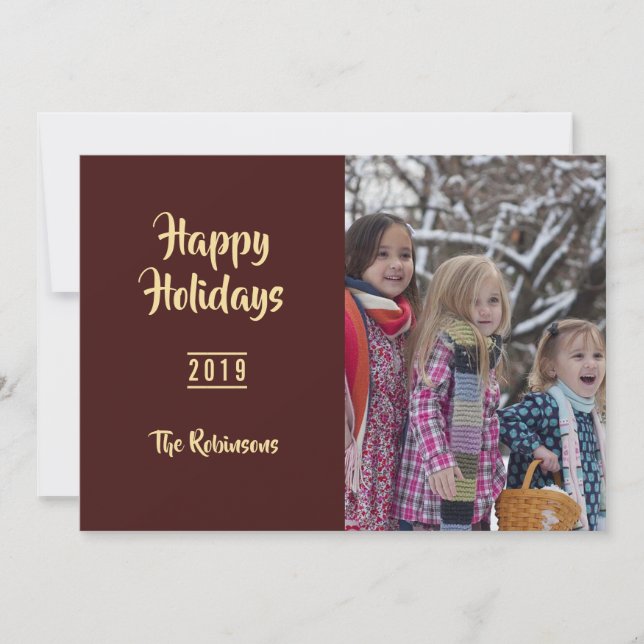 Burgundy and Gold Christmas Greetings family photo Holiday Card (Front)