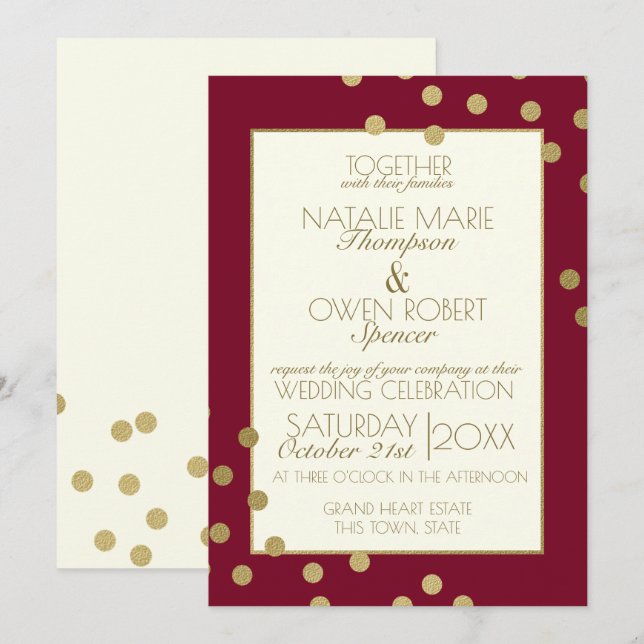 Burgundy and Gold Confetti Dots Wedding Invitation (Front/Back)
