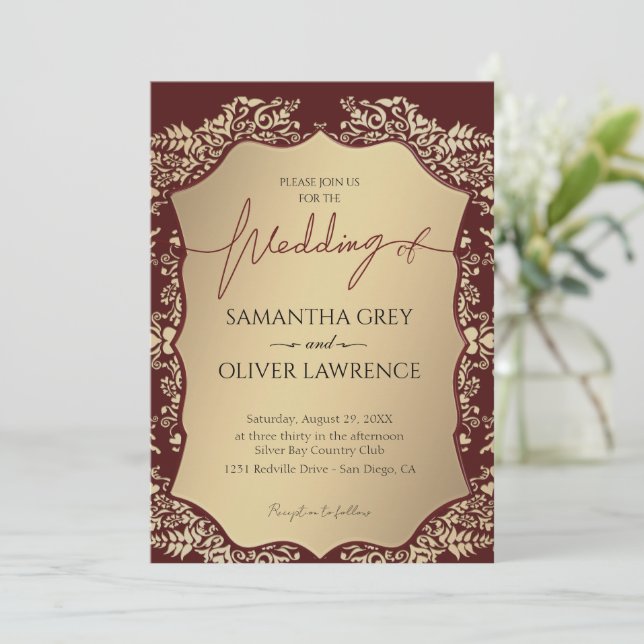 Burgundy And Gold Damask Wedding Invitation  (Standing Front)