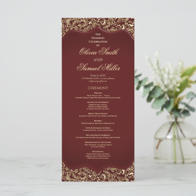Burgundy And Gold Damask Wedding Program (Standing Front)