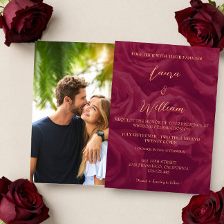 Burgundy and gold elegant picture wedding  invitation