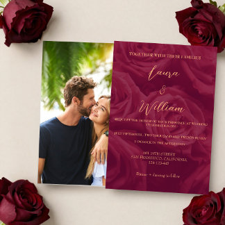Burgundy and gold elegant picture wedding   invitation