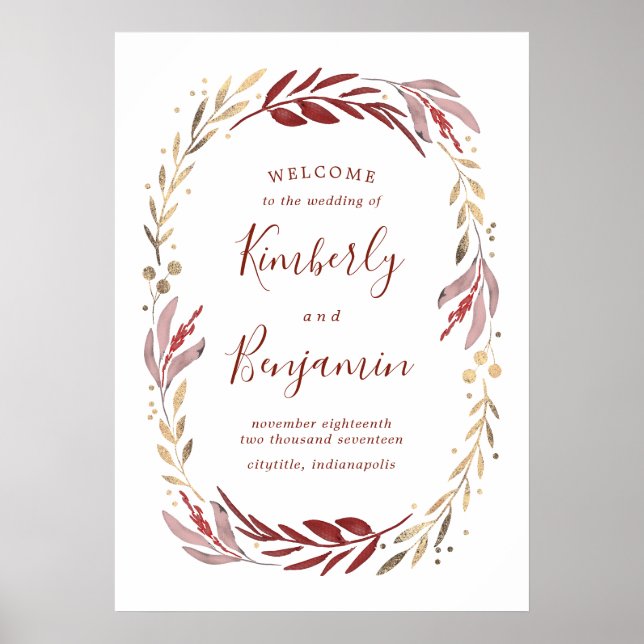 Burgundy and Gold Elegant Wedding Welcome Sign (Front)