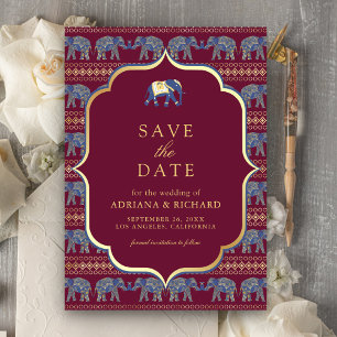 Burgundy and Gold Elephant Indian Wedding Photo Save The Date