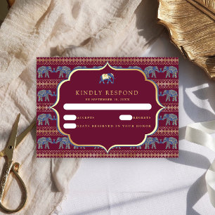 Burgundy and Gold Elephant Indian Wedding RSVP Card