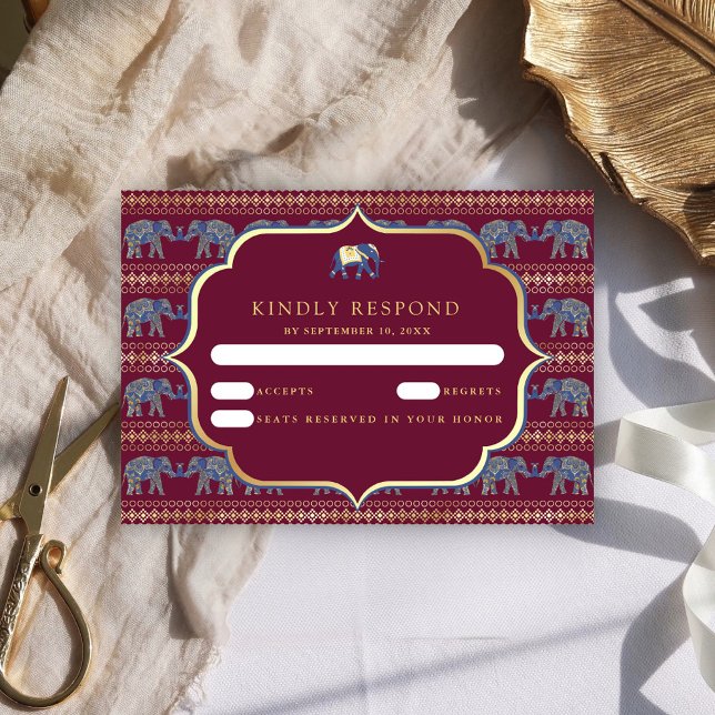 Burgundy and Gold Elephant Indian Wedding RSVP Card (Creator Uploaded)