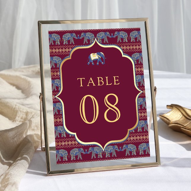 Burgundy and Gold Elephant Indian Wedding Table Number (Creator Uploaded)
