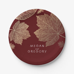 Burgundy and Gold Fall Leaves Wedding Paper Plate