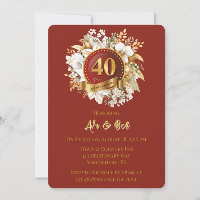 Burgundy And Gold Floral 40th Wedding Anniversary  Invitation (Front)