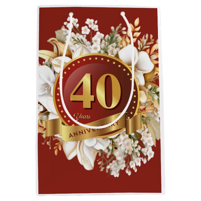 Burgundy And Gold Floral 40th Wedding Anniversary  Medium Gift Bag (Front)