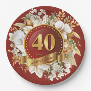 Burgundy And Gold Floral 40th Wedding Anniversary  Paper Plate