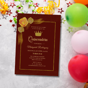 burgundy and gold floral classic quinceañera invitation