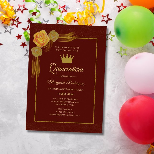 burgundy and gold floral classic quinceañera invitation (Creator Uploaded)