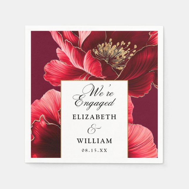 Burgundy And Gold Floral Elegant Engagement Party Napkin (Front)