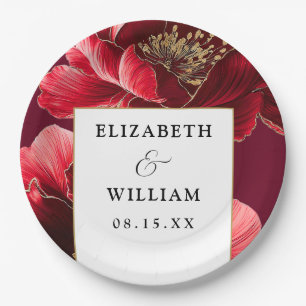 Burgundy And Gold Floral Elegant Modern Wedding Paper Plate