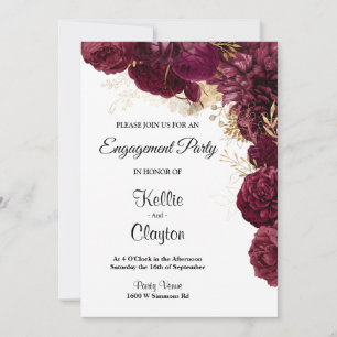 Burgundy And Gold Floral Engagement Party Invitation