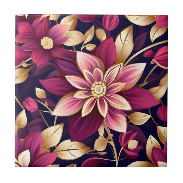 Burgundy And Gold Floral Explosion Ceramic Tile (Front)